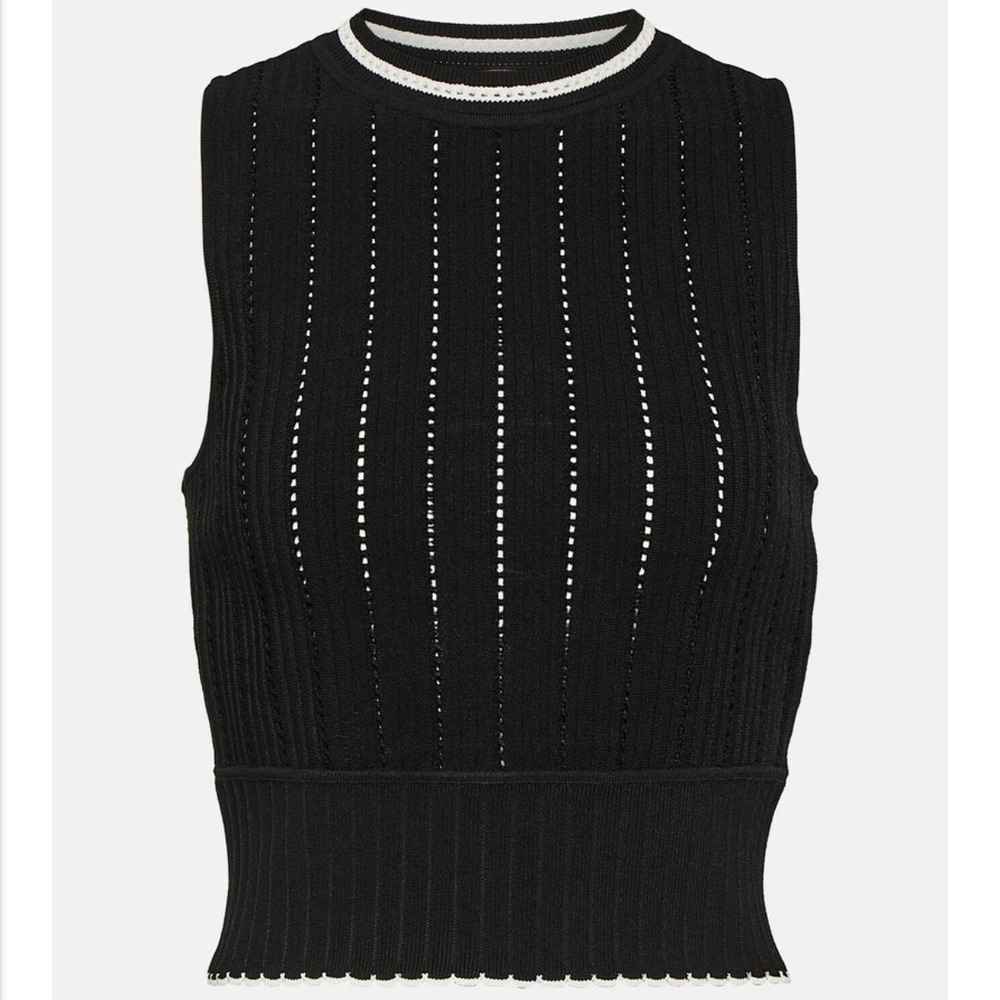 NWT Victoria Beckham Womens Black White Pointelle Rib Knit Sleeveless Crop Top S - Picture 1 of 5